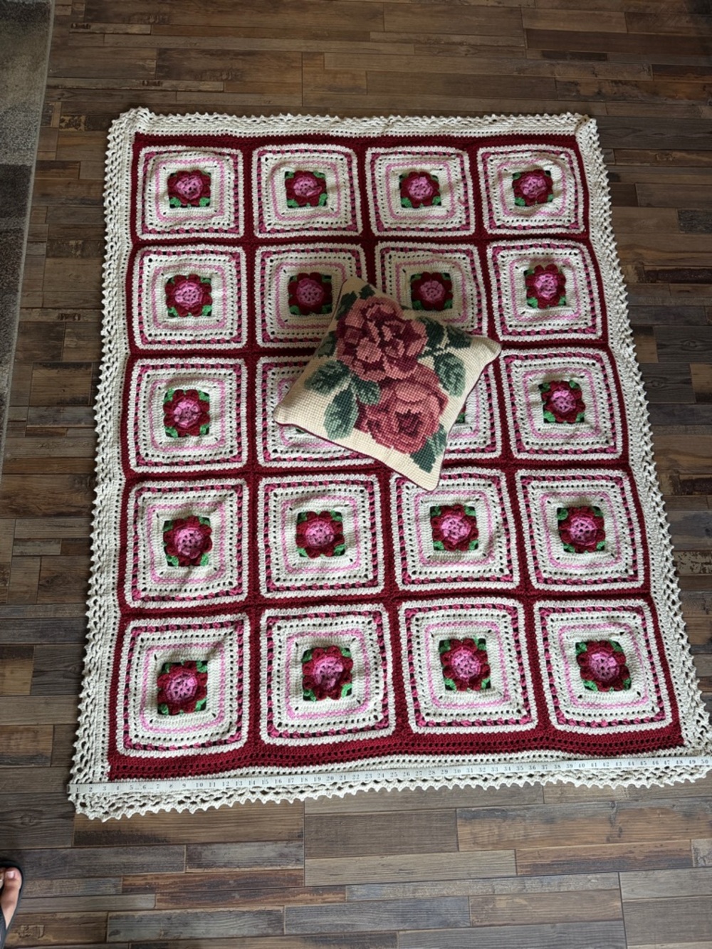 Handmade Floral Crochet Blanket with 3D Rose Motifs & Needlepoint Pillow Set